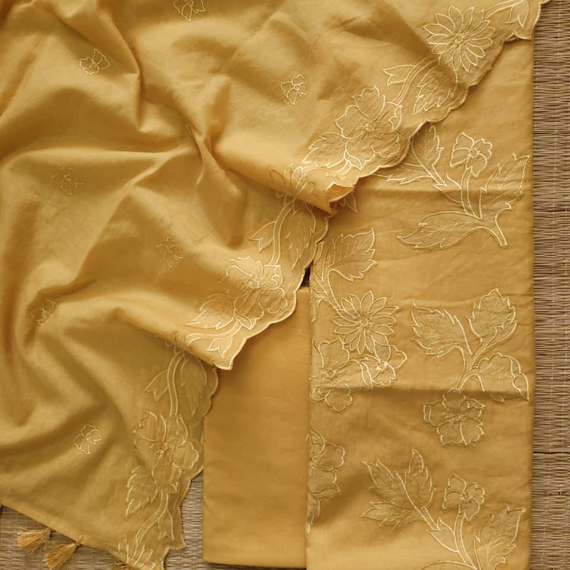 Banarasi Mul Cotton Appliqué Work Suit with Embroidered Dupatta & Cotton Bottom