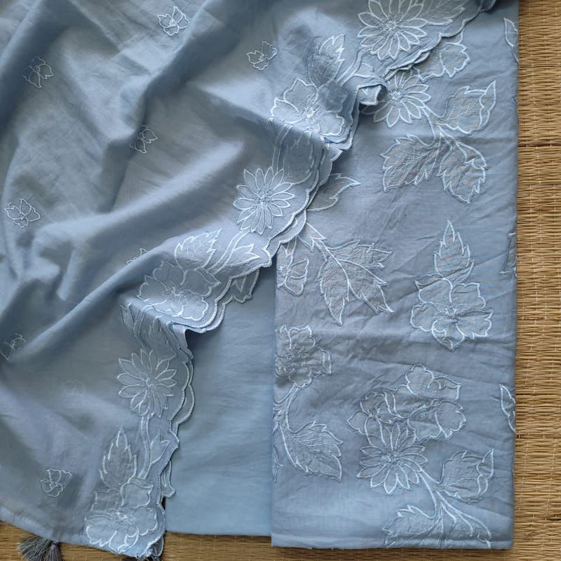 Banarasi Mul Cotton Appliqué Work Suit with Embroidered Dupatta & Cotton Bottom