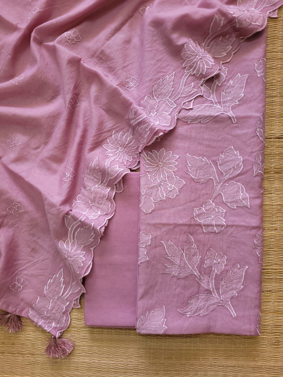 Banarasi Mul Cotton Appliqué Work Suit with Embroidered Dupatta & Cotton Bottom