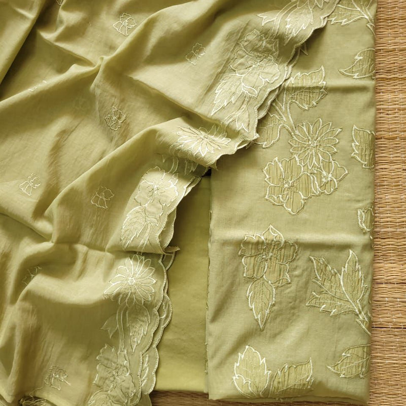 Banarasi Mul Cotton Appliqué Work Suit with Embroidered Dupatta & Cotton Bottom