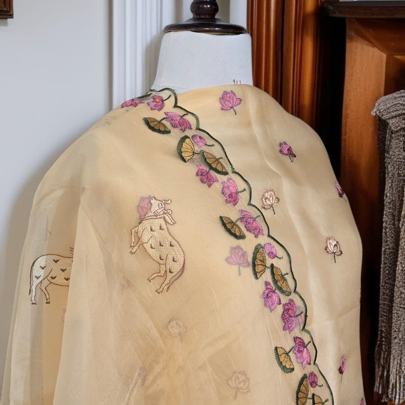 Banarasi Pure Organza Silk Pichwai Embroidered Suit with Dupatta & Cotton Bottom