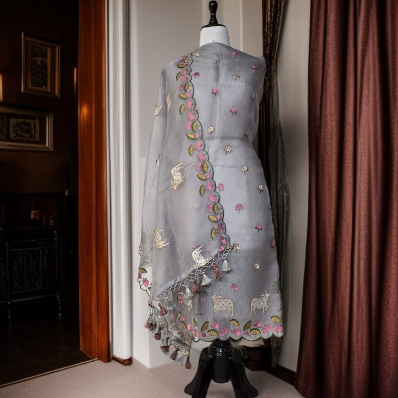 Banarasi Pure Organza Silk Pichwai Embroidered Suit with Dupatta & Cotton Bottom