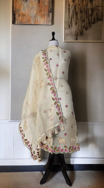 Banarasi Pure Organza Silk Pichwai Embroidered Suit with Dupatta & Cotton Bottom
