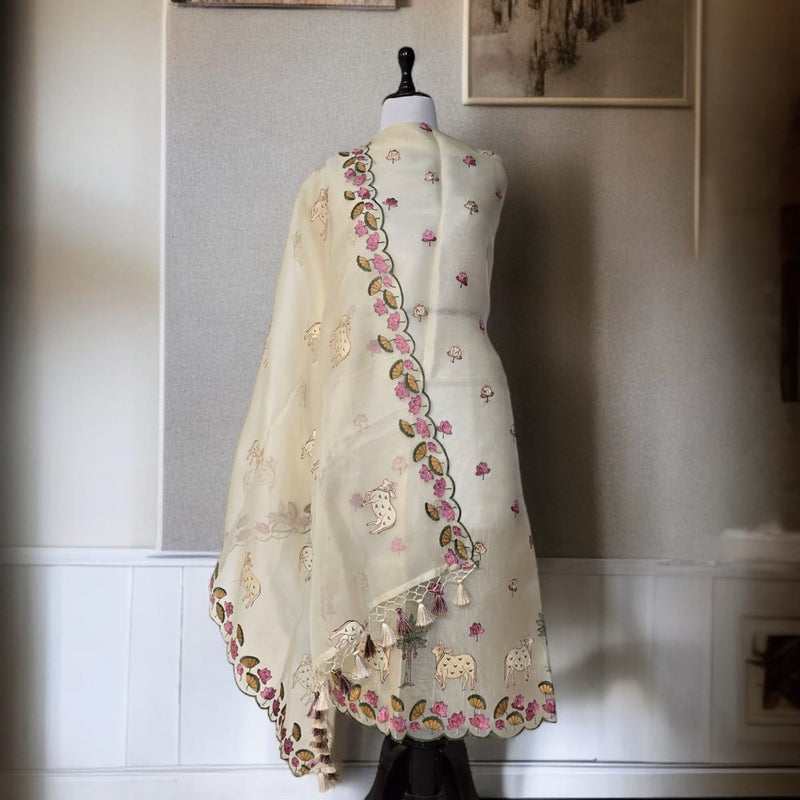 Banarasi Pure Organza Silk Pichwai Embroidered Suit with Dupatta & Cotton Bottom
