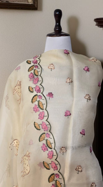 Banarasi Pure Organza Silk Pichwai Embroidered Suit with Dupatta & Cotton Bottom