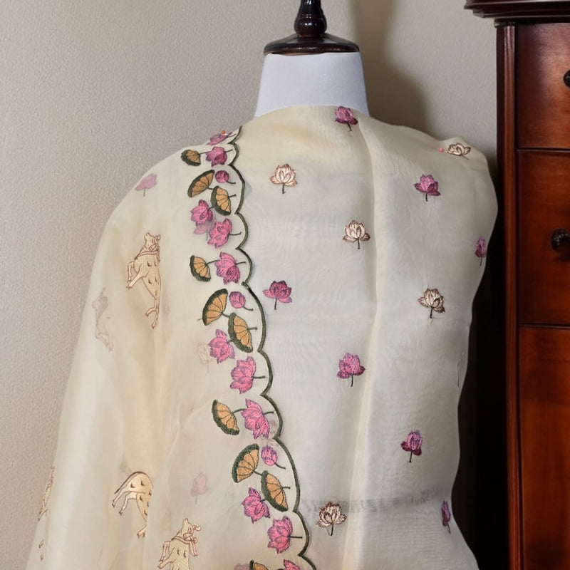 Banarasi Pure Organza Silk Pichwai Embroidered Suit with Dupatta & Cotton Bottom
