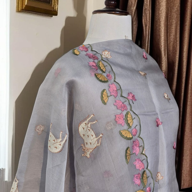 Banarasi Pure Organza Silk Pichwai Embroidered Suit with Dupatta & Cotton Bottom