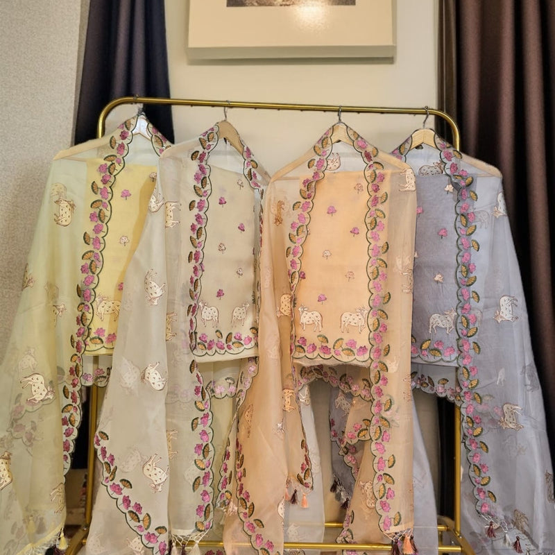 Banarasi Pure Organza Silk Pichwai Embroidered Suit with Dupatta & Cotton Bottom