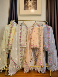 Banarasi Pure Organza Silk Pichwai Embroidered Suit with Dupatta & Cotton Bottom