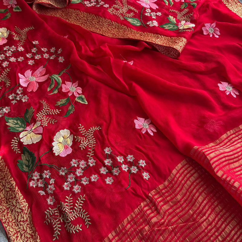 Pure Chinon Crepe Banarasi Saree with Multi-Thread Embroidery