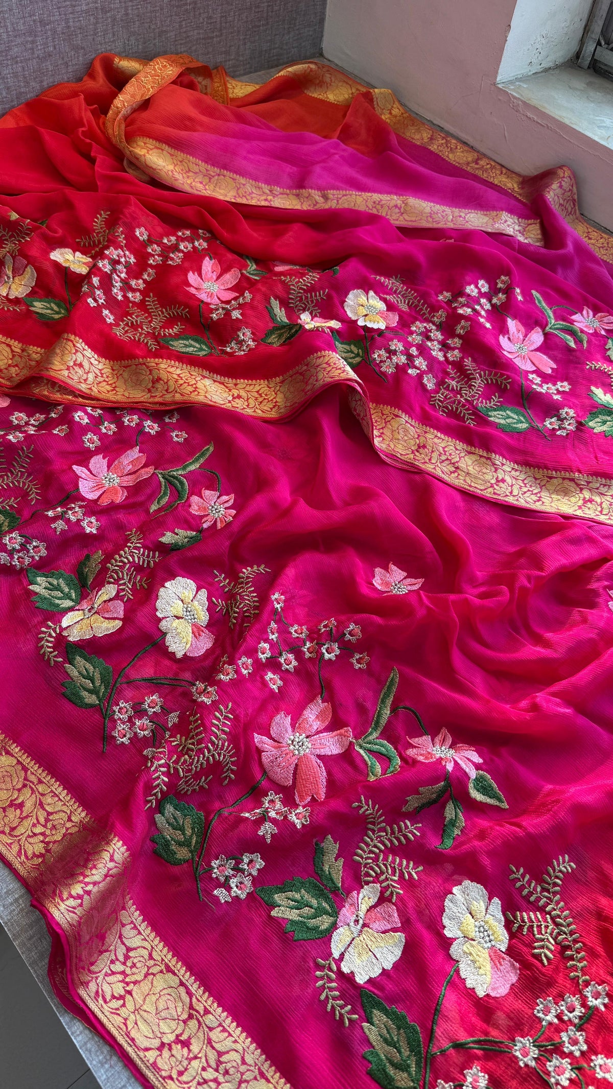 Pure Chinon Crepe Banarasi Saree with Multi-Thread Embroidery