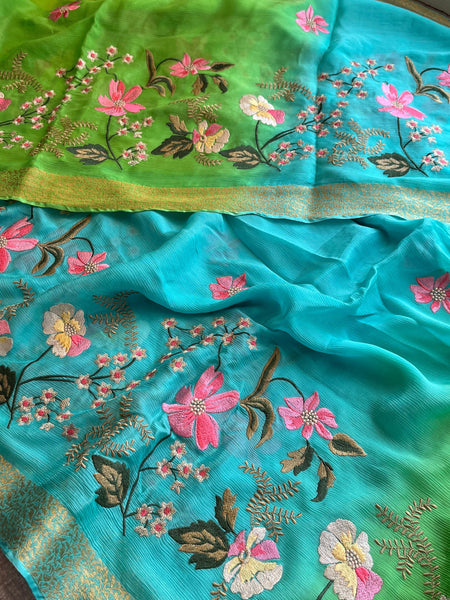 Pure Chinon Crepe Banarasi Saree with Multi-Thread Embroidery