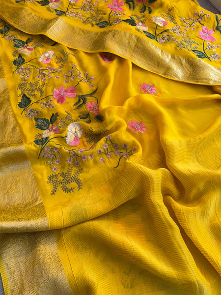 Pure Crepe Silk Banarasi Saree with Multi-Thread Embroidery