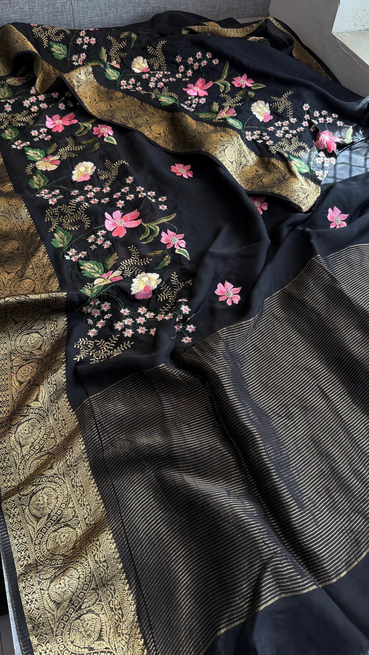 Pure Crepe Silk Banarasi Saree with Multi-Thread Embroidery
