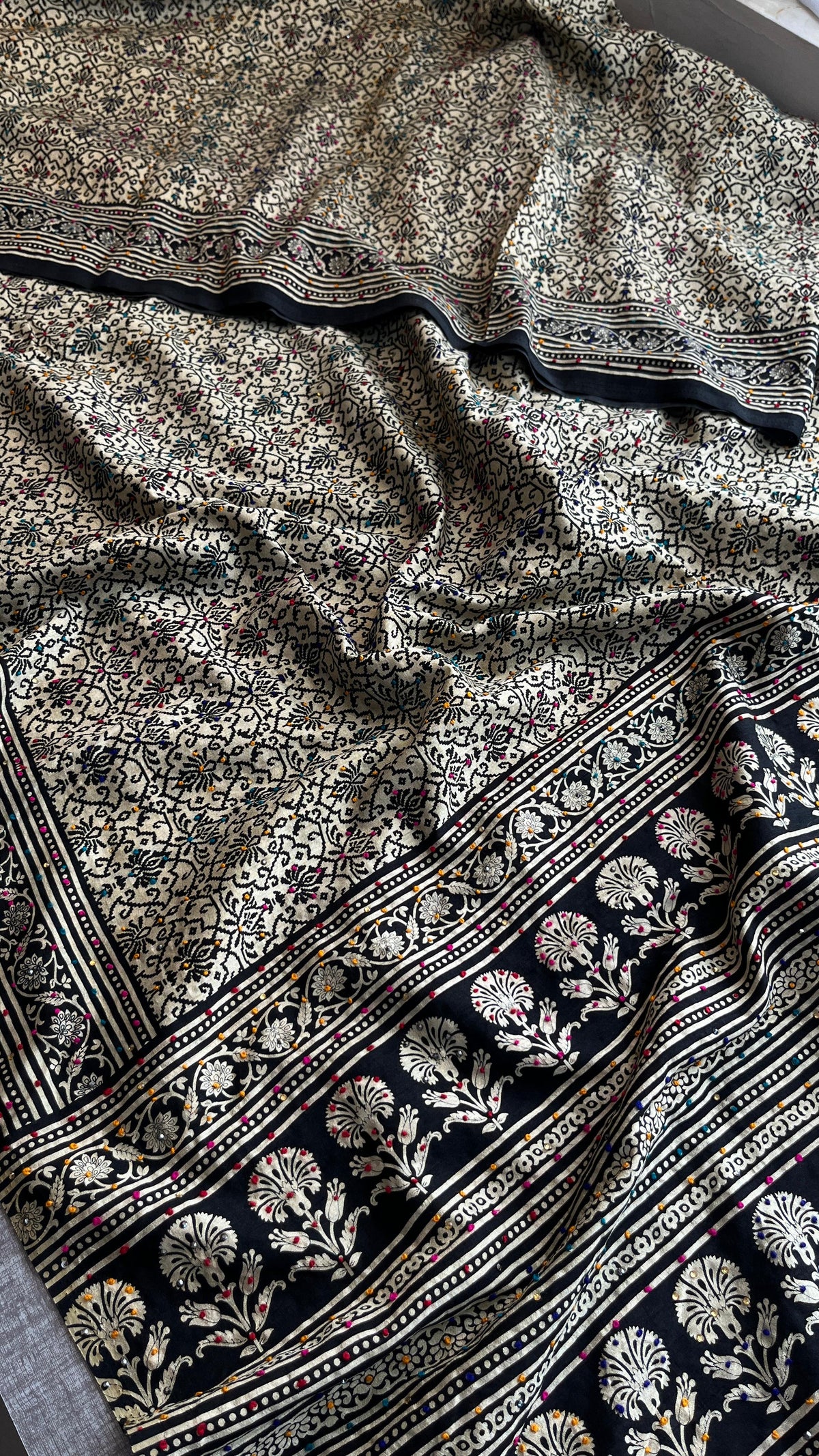 Pure Tussar Silk Saree with Hand Knot & Sequins Work