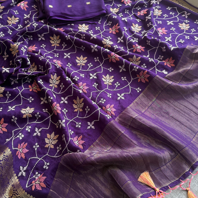 Pure Munga Silk Banarasi Saree with Multi-Thread Embroidery & Blouse