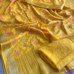 Pure Munga Silk Banarasi Saree with Multi-Thread Embroidery & Blouse