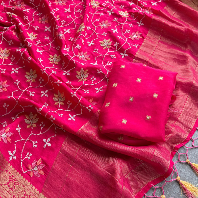 Pure Munga Silk Banarasi Saree with Multi-Thread Embroidery & Blouse