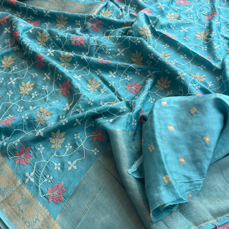 Pure Munga Silk Banarasi Saree with Multi-Thread Embroidery & Blouse