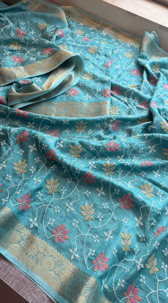 Pure Munga Silk Banarasi Saree with Multi-Thread Embroidery & Blouse