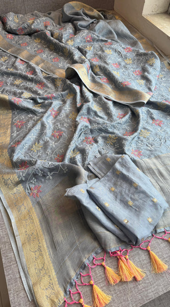 Pure Munga Silk Banarasi Saree with Multi-Thread Embroidery & Blouse