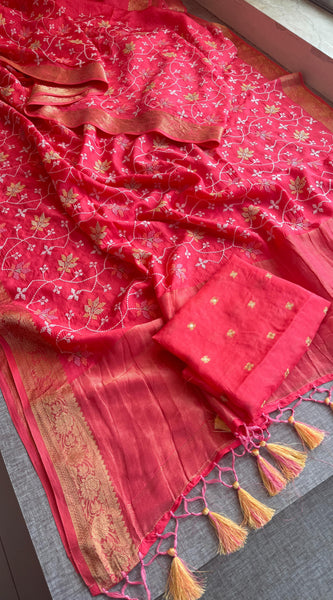Pure Munga Silk Banarasi Saree with Multi-Thread Embroidery & Blouse