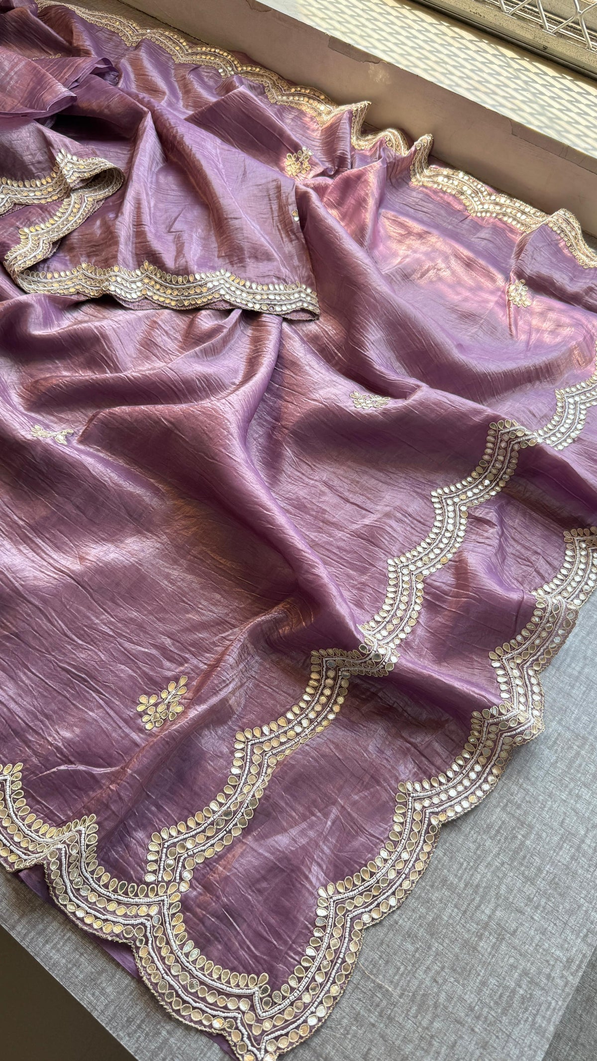 Pure Crush Chinon Saree with Handcrafted Zardozi & Sequin Embellishments