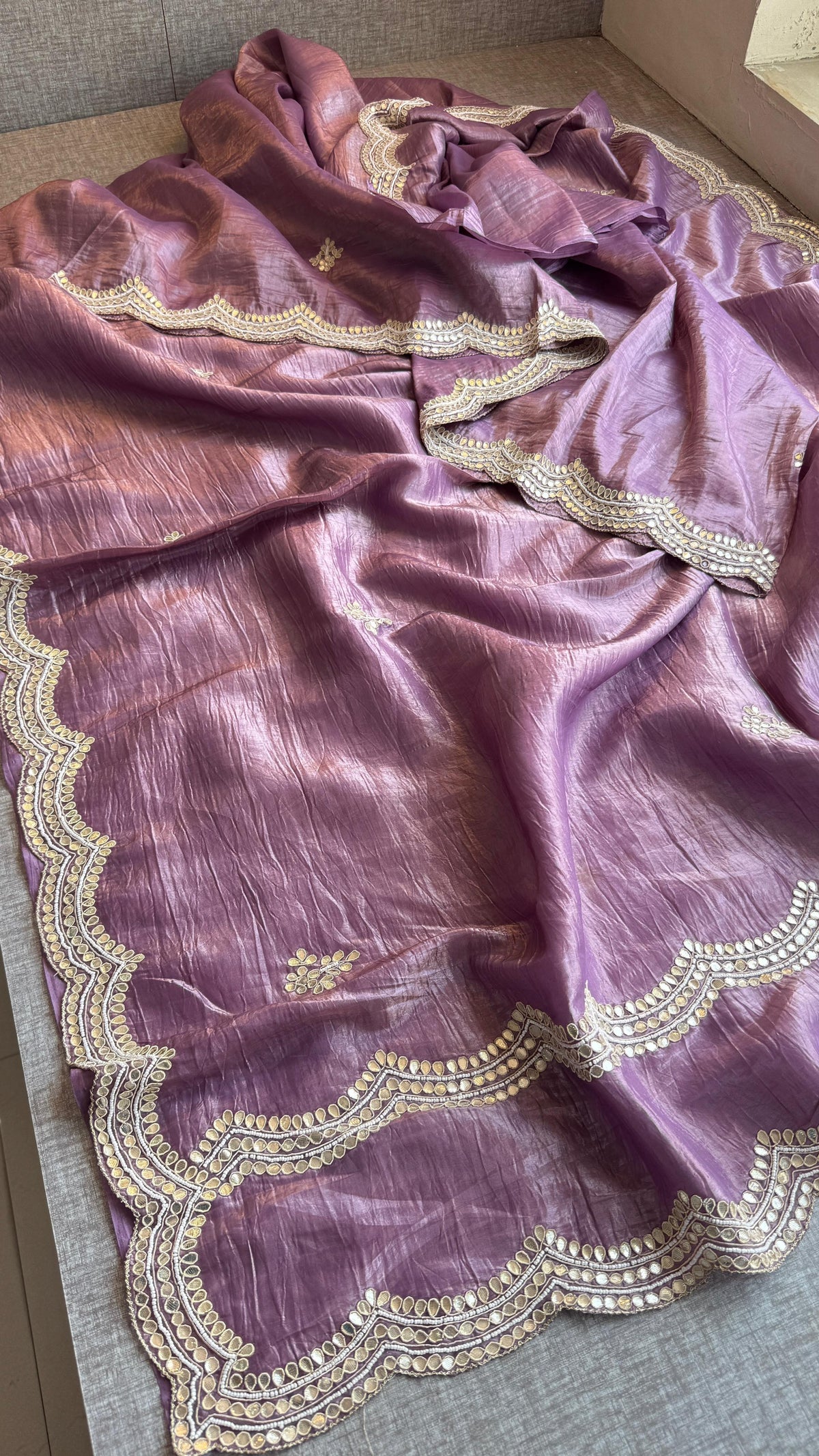 Pure Crush Chinon Saree with Handcrafted Zardozi & Sequin Embellishments