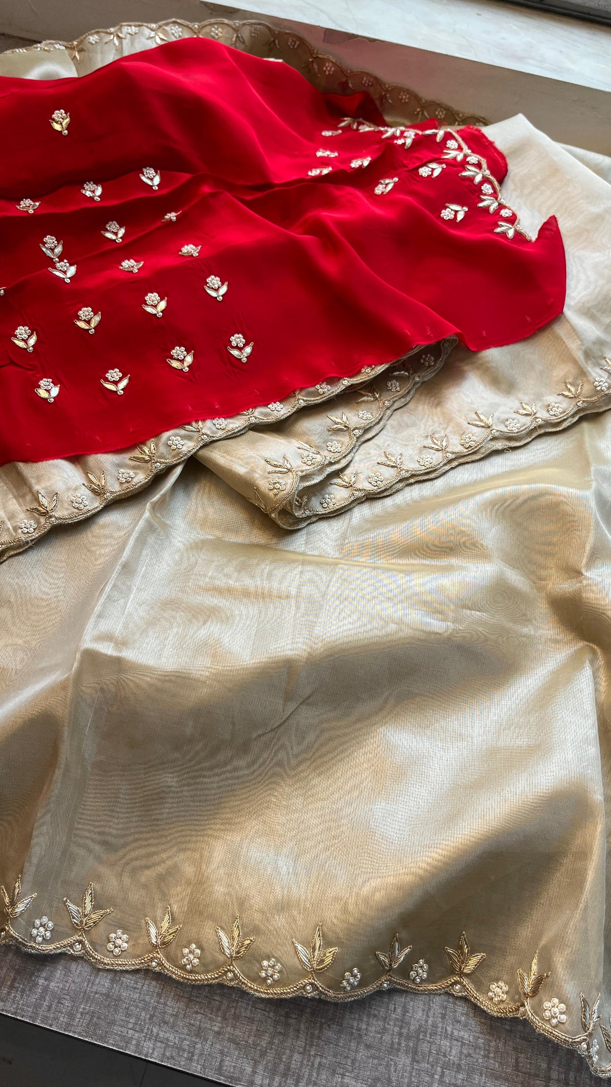 Pure Tissue Handloom Silk Saree with Zardozi, Pearl & Sequin Embellishment