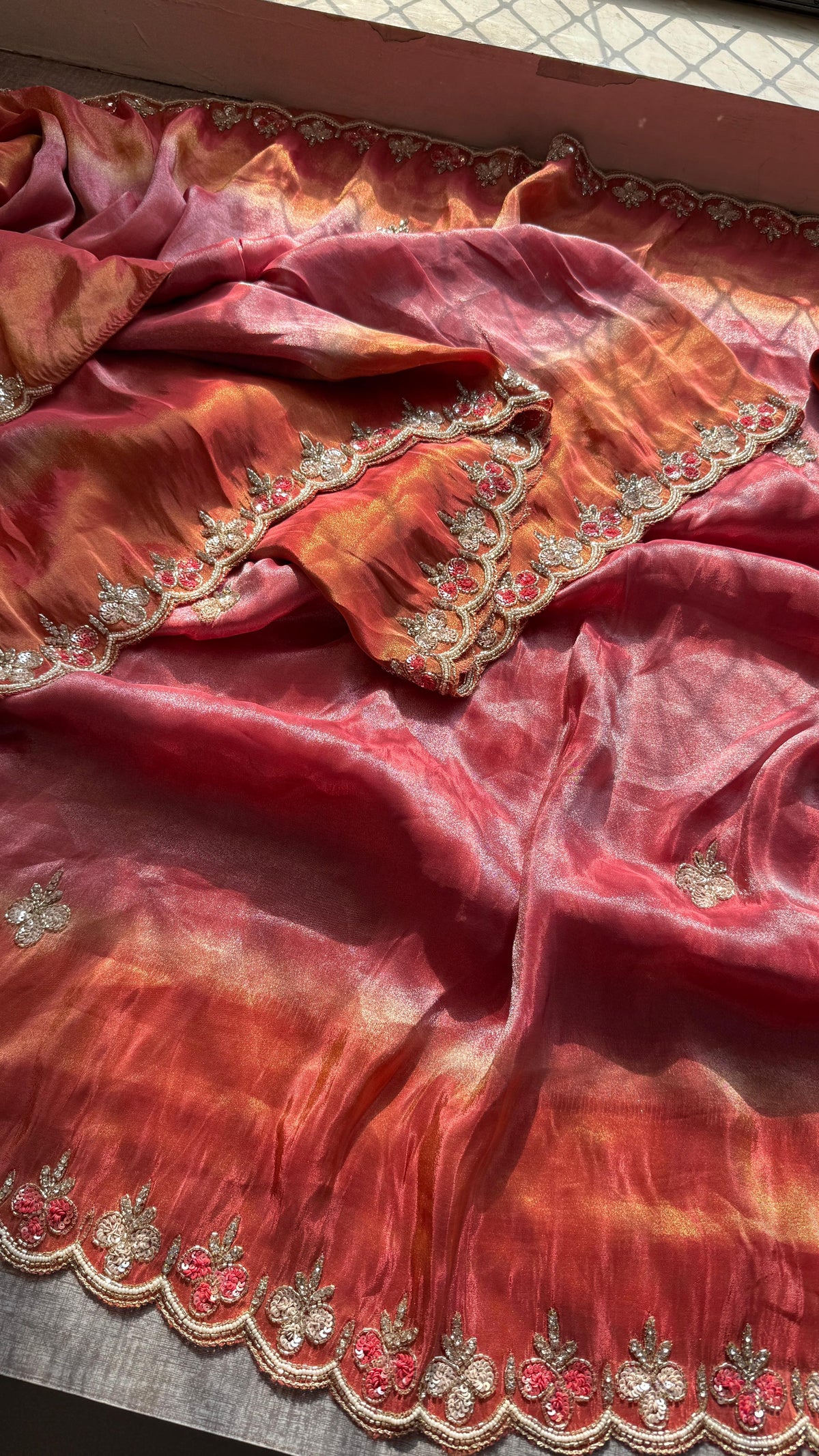 Pure Soft Tissue Munga Silk Saree with Zardozi, Resham & Pearl Work