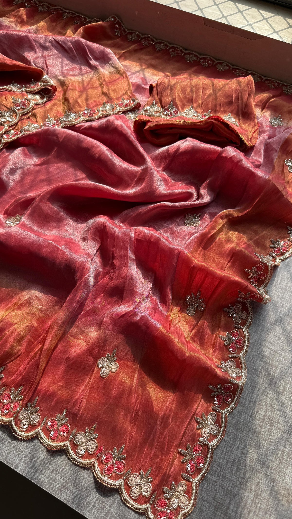 Pure Soft Tissue Munga Silk Saree with Zardozi, Resham & Pearl Work