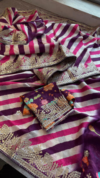 Pure Munga Crepe Silk Saree with Leheriya Blouse & Gotapatti Work