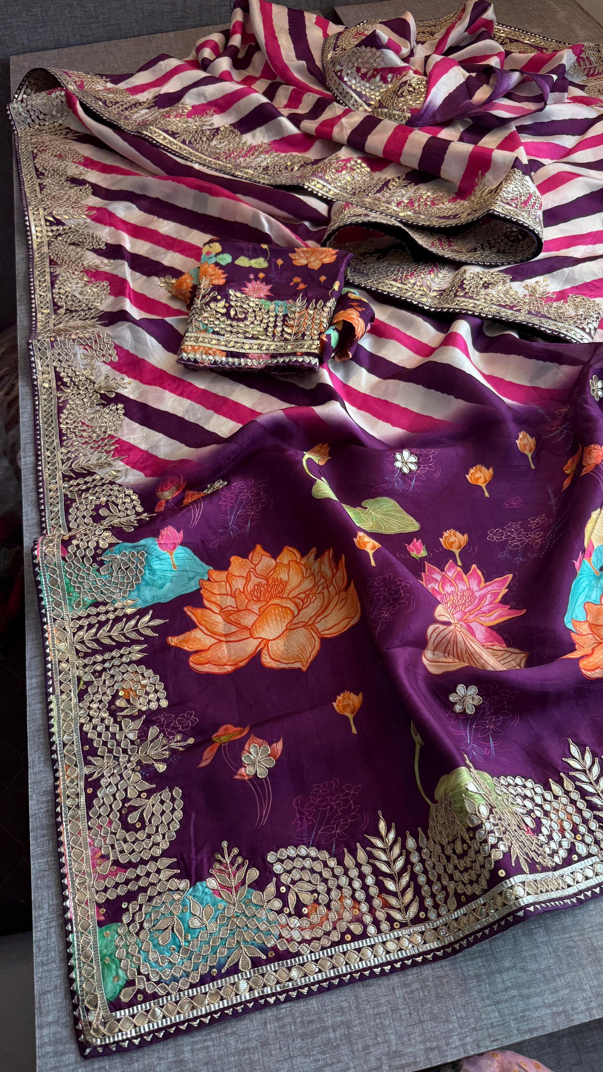 Pure Munga Crepe Silk Saree with Leheriya Blouse & Gotapatti Work