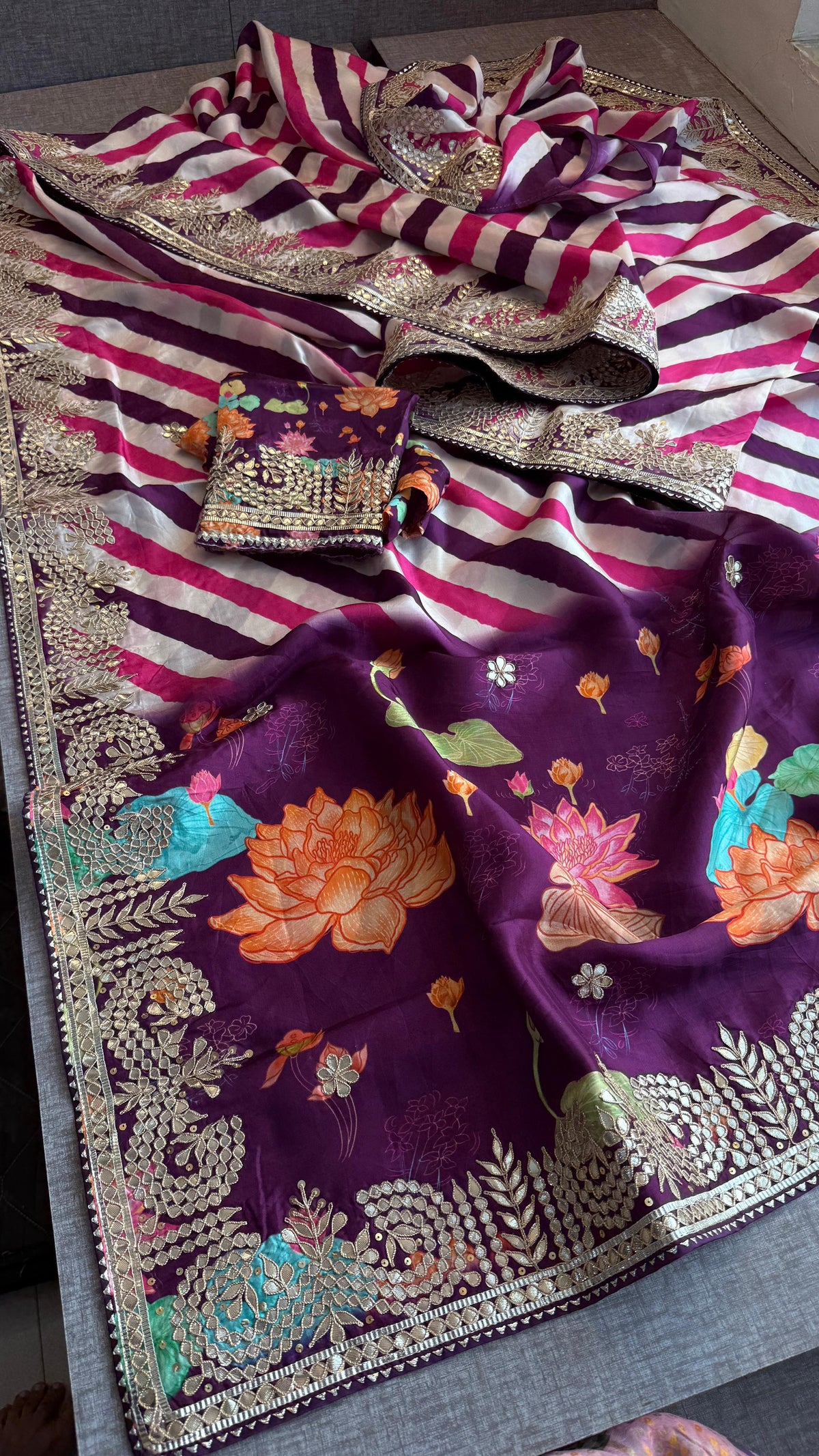 Pure Munga Crepe Silk Saree with Leheriya Blouse & Gotapatti Work
