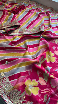Pure Munga Crepe Silk Saree with Leheriya Blouse & Gotapatti Work