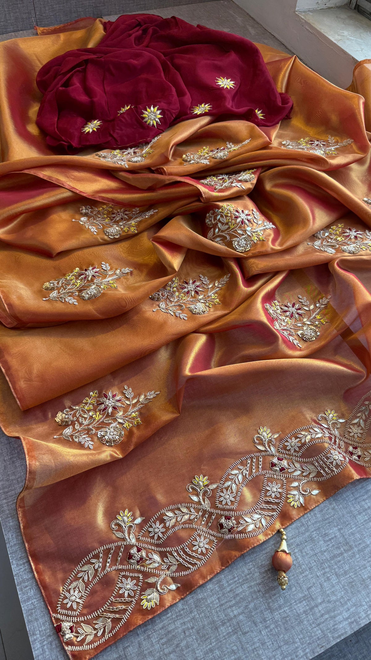 Pure Tissue Handloom Silk Saree with Zardozi, Pearl & Gotapatti Work