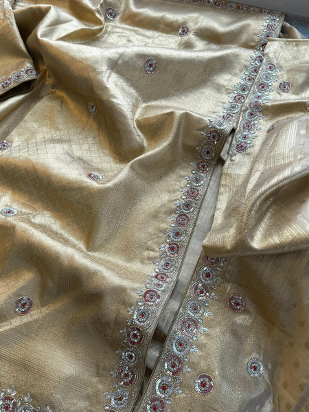 Pure Tissue Kanjivaram Banarasi Saree with Zardozi & Pearl Embellishments