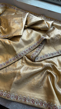 Pure Tissue Kanjivaram Banarasi Saree with Zardozi & Pearl Embellishments