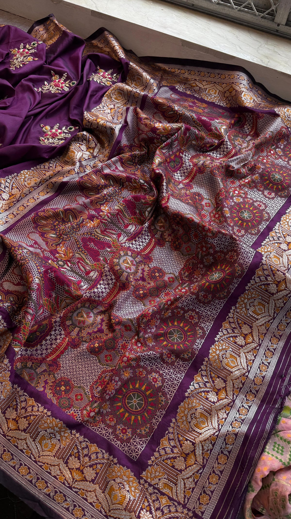 Pure Munga Silk Banarasi Saree with Zardozi, Gotapatti & Pearl Work