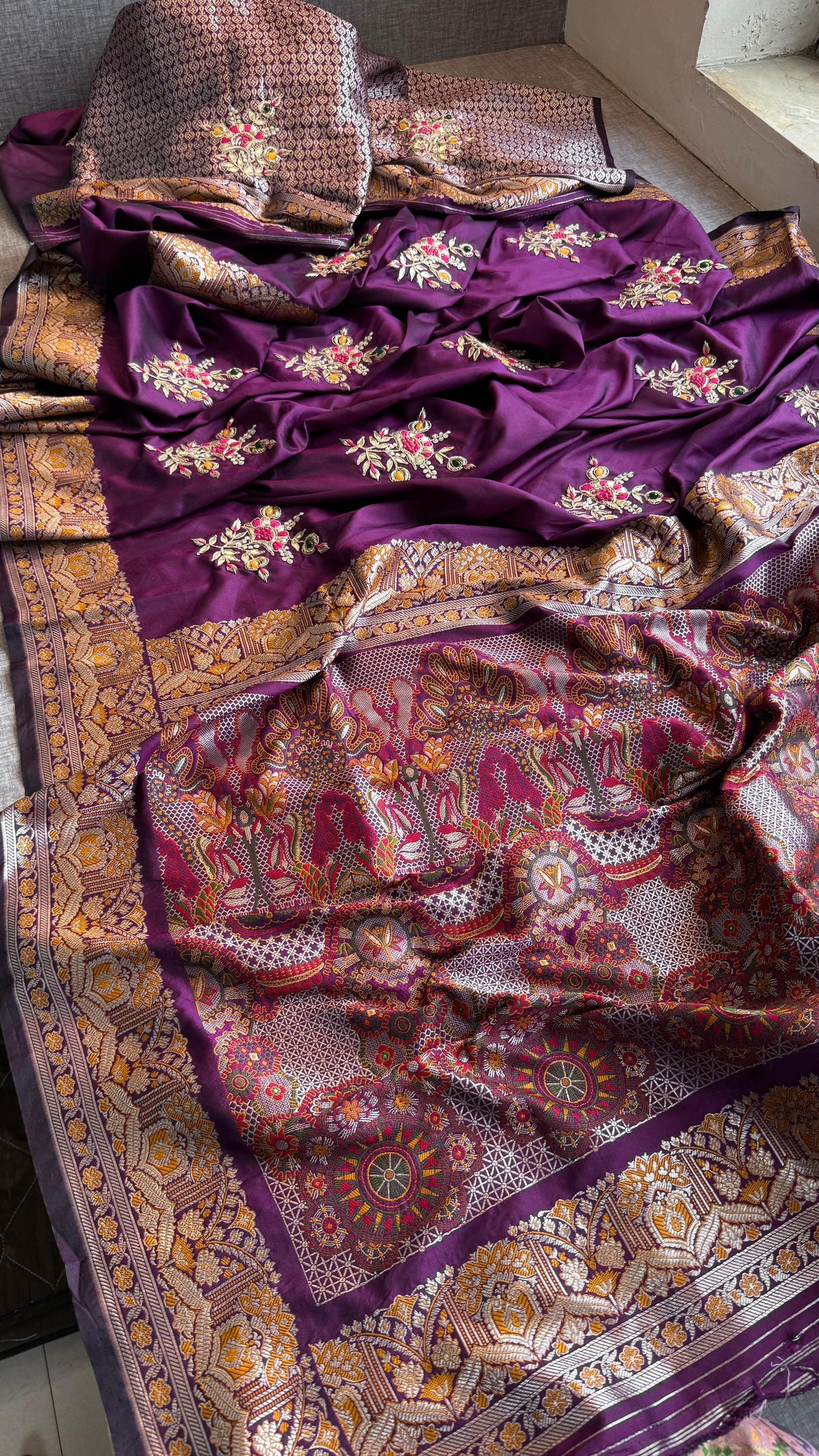 Pure Munga Silk Banarasi Saree with Zardozi, Gotapatti & Pearl Work