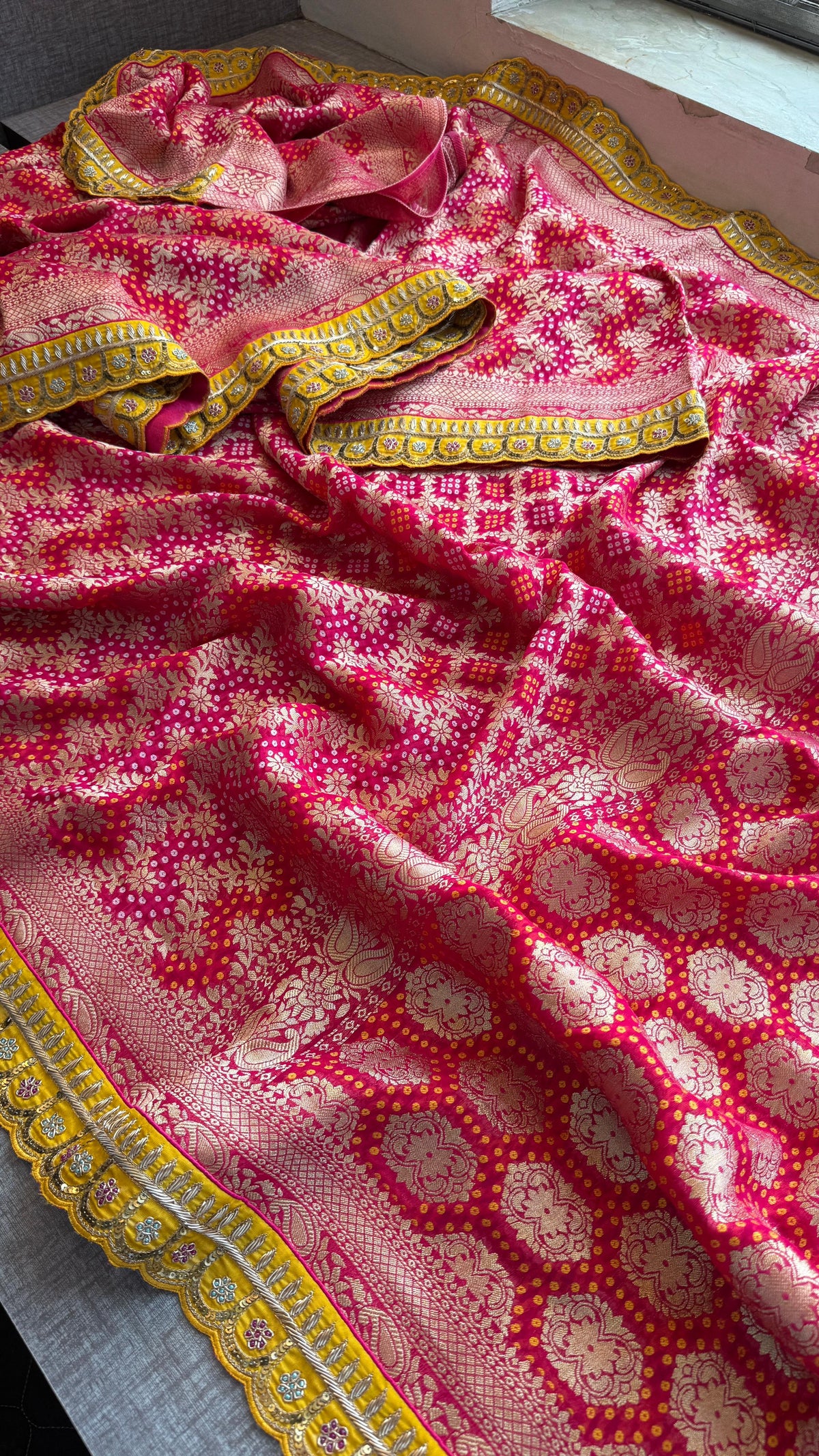 Pure Khaddi Georgette Banarasi Saree with Zardozi, Aari & Pearl Work