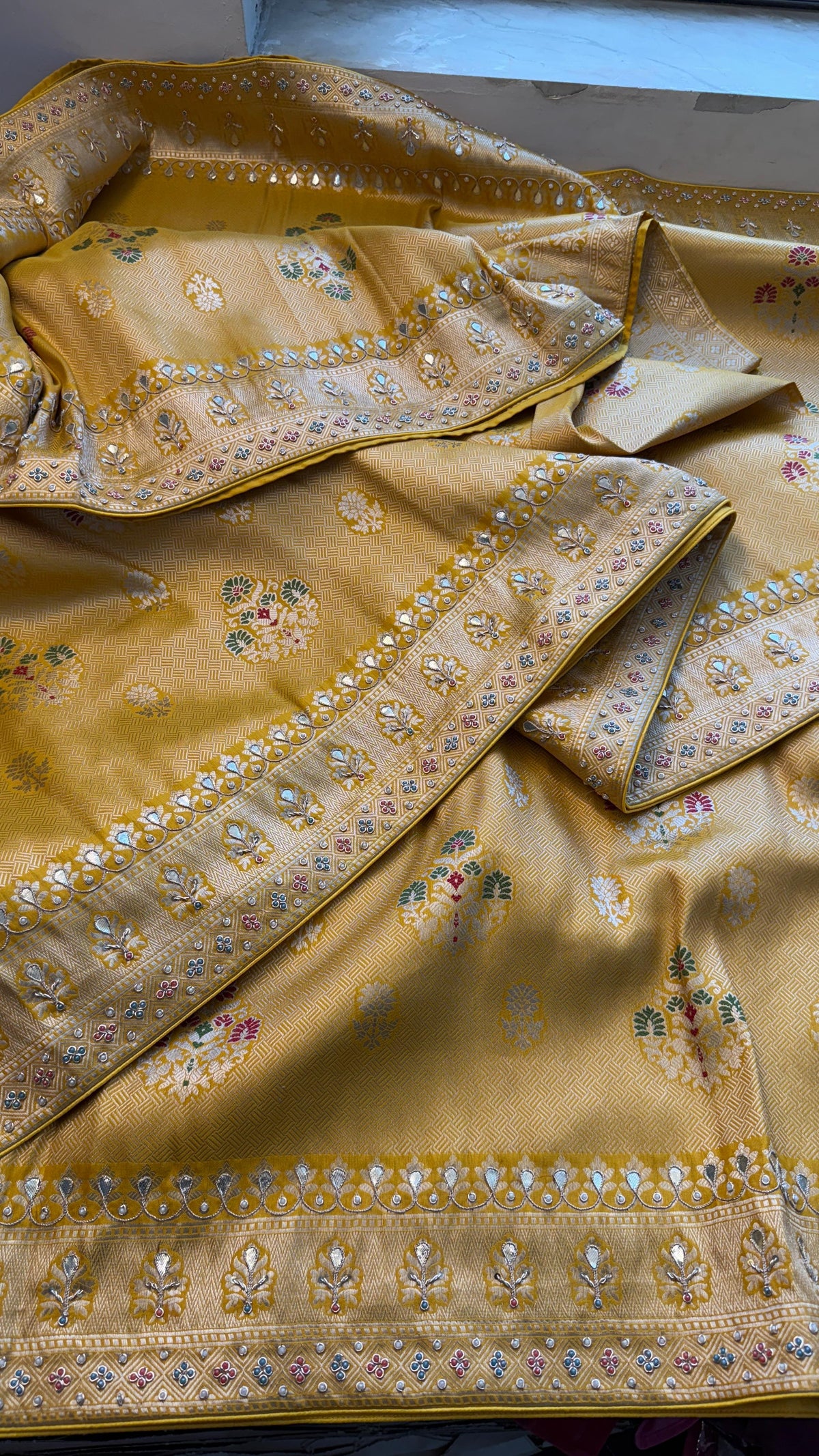 Pure Munga Silk Saree with Zardozi, Gotapatti & Pearl Embroidery