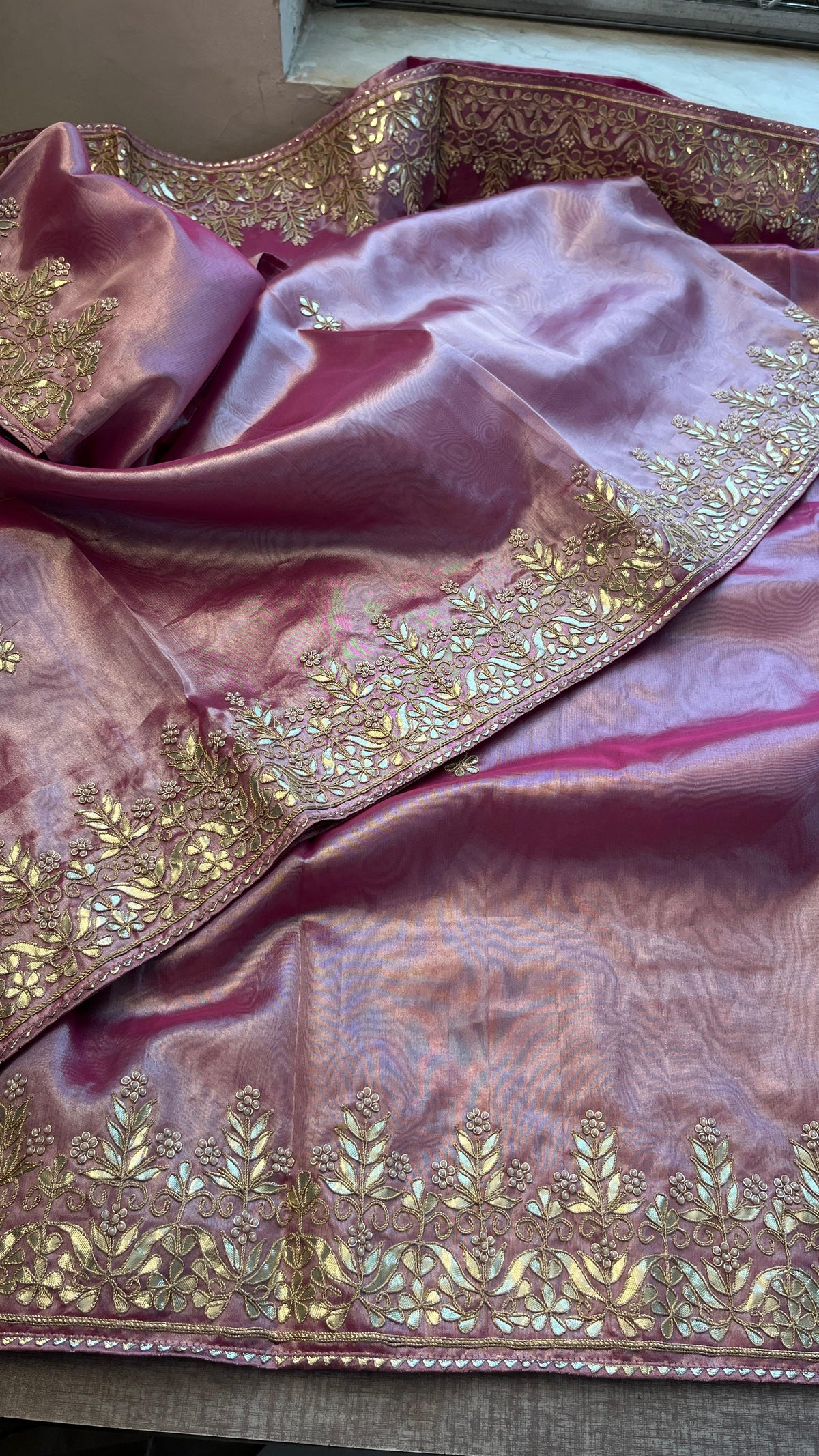 Pure Tissue Handloom Silk Saree with Zardozi, Gota Patti & Pearl Work