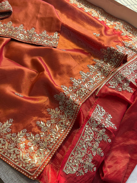 Pure Tissue Handloom Silk Saree with Zardozi, Gota Patti & Pearl Work
