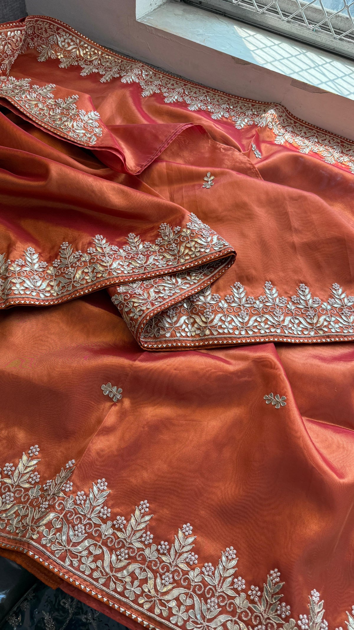 Pure Tissue Handloom Silk Saree with Zardozi, Gota Patti & Pearl Work