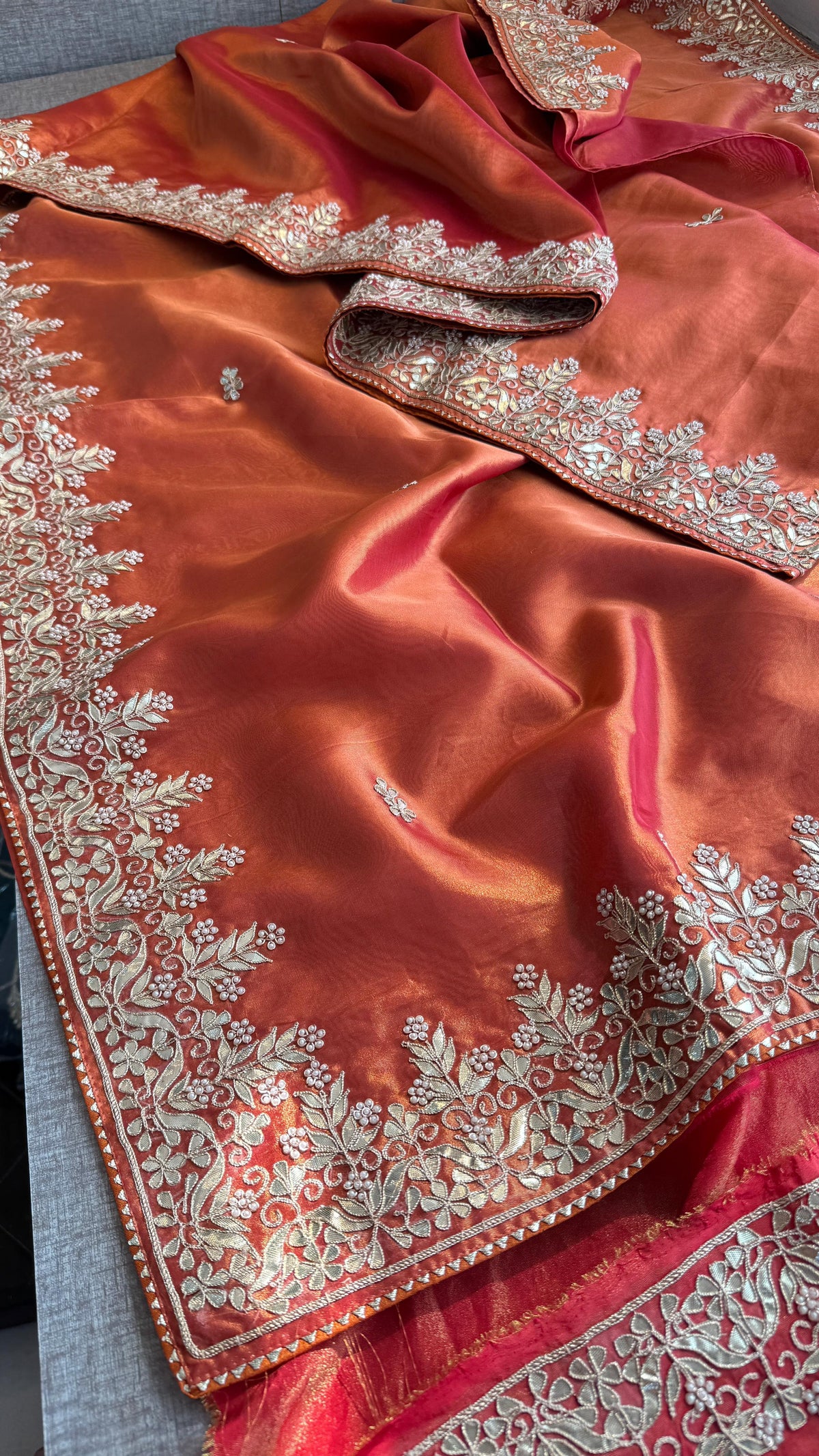 Pure Tissue Handloom Silk Saree with Zardozi, Gota Patti & Pearl Work