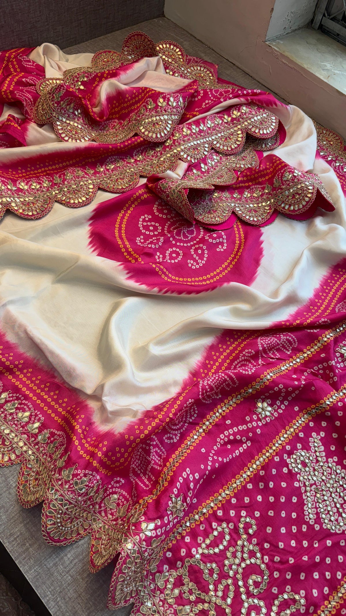 Pure Munga Bandhani Saree with GotaPatti Work
