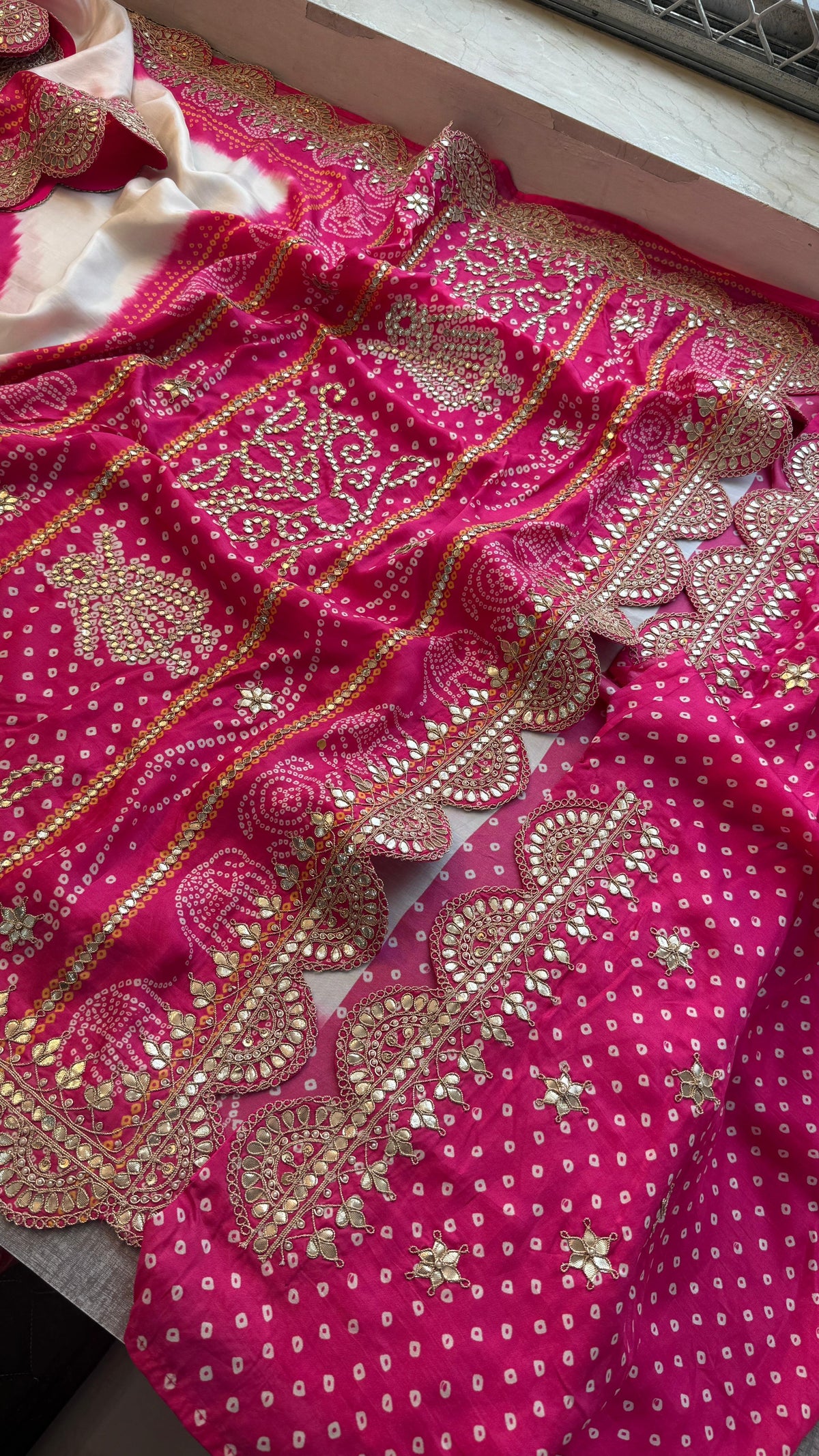 Pure Munga Bandhani Saree with GotaPatti Work
