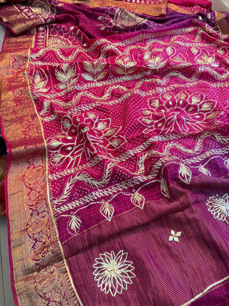 Pure Munga Silk Checks Banarasi Saree with Handcrafted Sikhiya & Gotta Work