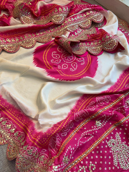 Ivory and Rani Pink Pure Munga Silk Saree with Handcrafted Gota Patti Embroidery